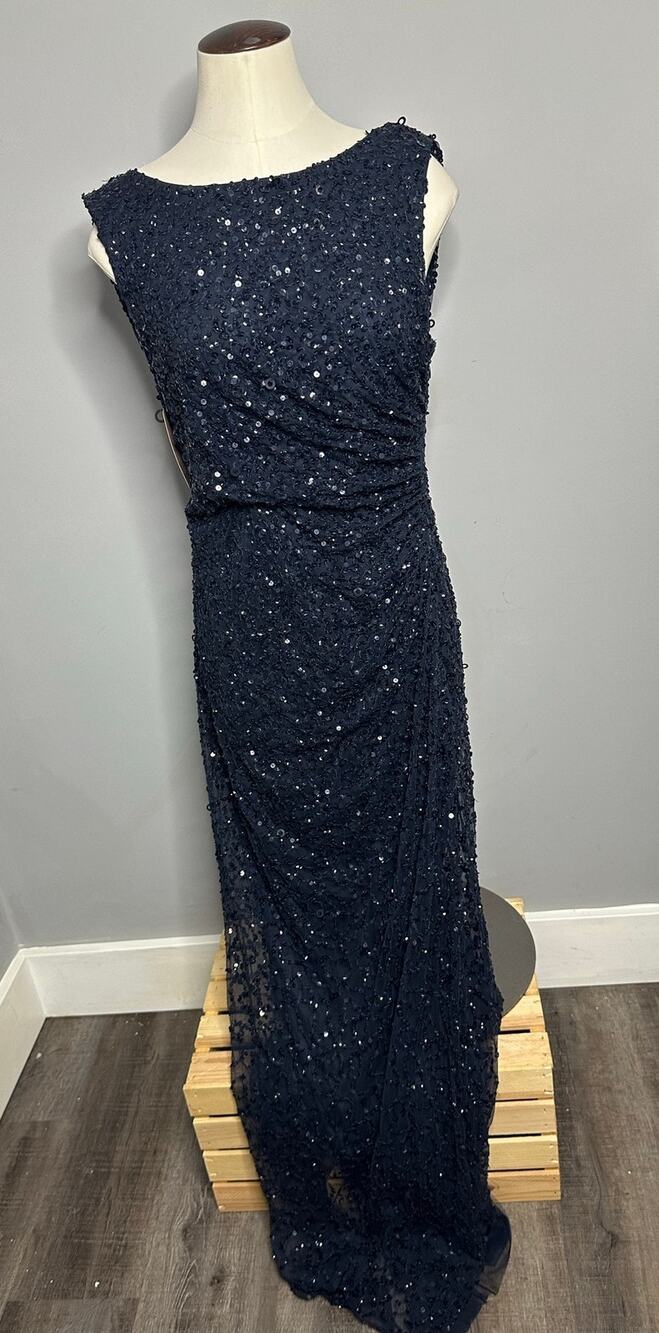Adrianna Papell Formal Navy Sleeveless Sequin Sheath Dress Back Drape Size 12